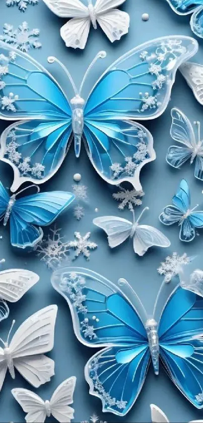 Elegant blue and white butterfly wallpaper design with intricate detail.