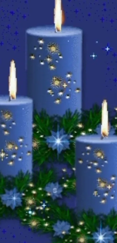 Elegant blue candles with greenery on dark background.