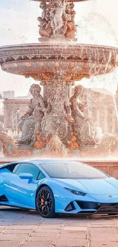 Blue sports car with fountain background, perfect for elegant mobile wallpaper.