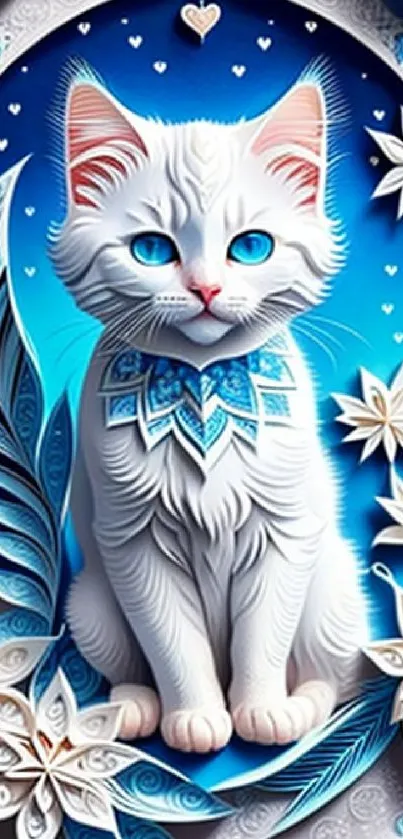 White cat with blue eyes in floral design on a vibrant blue background.