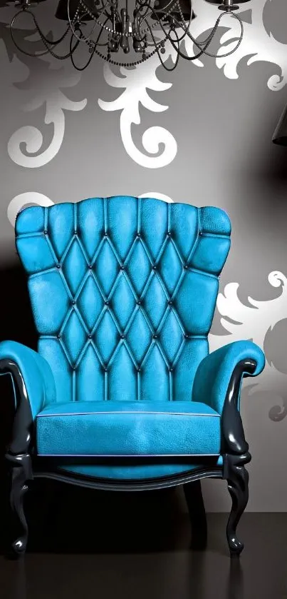 Luxurious blue chair against an elegant, patterned wallpaper backdrop.