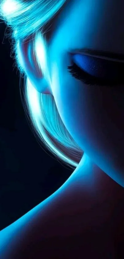 Elegant silhouette of a character in blue, half-face view.