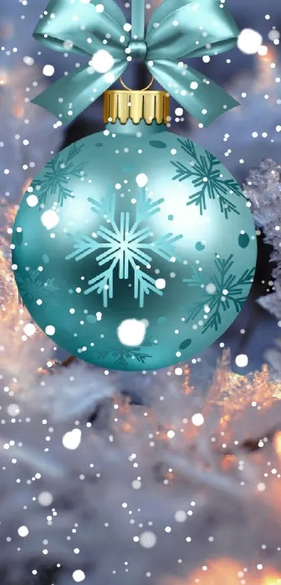 Blue Christmas ornament with snowflakes and frosty background.