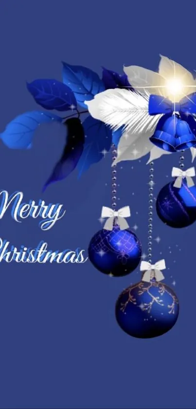 Elegant blue Christmas ornaments with festive decorations.