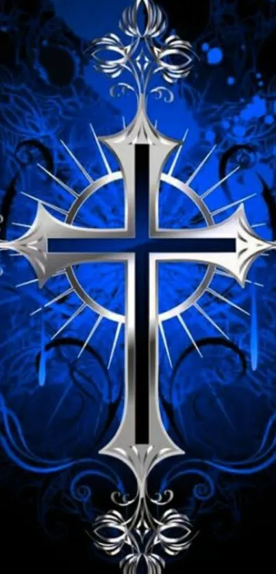 Silver cross on vibrant blue background with floral patterns.