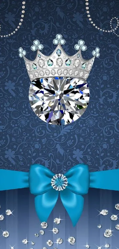 Elegant jeweled crown wallpaper with blue floral design and diamond accents.