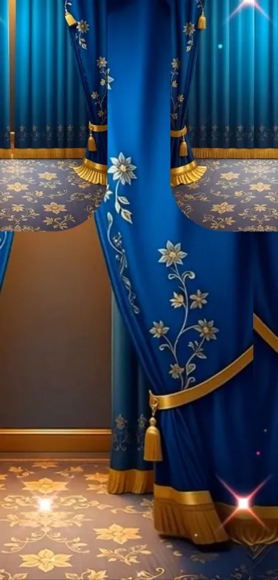 Luxurious blue curtains with gold floral embroidery design.
