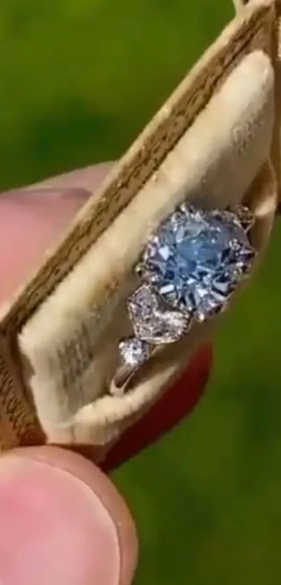 Close-up of a blue diamond ring in a box.