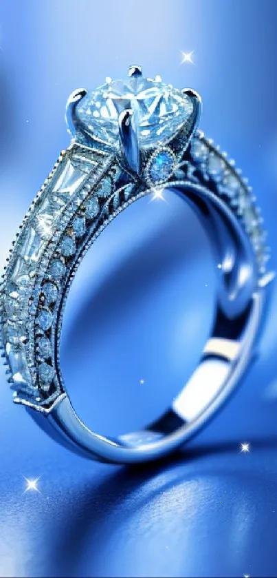 Elegant diamond ring on a rich blue background, perfect for mobile wallpaper.