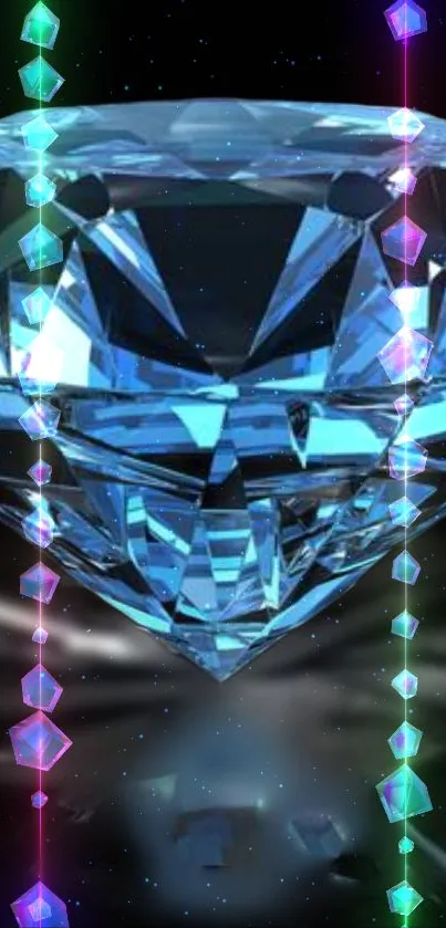 Elegant blue diamond with crystal reflections on a dark background.