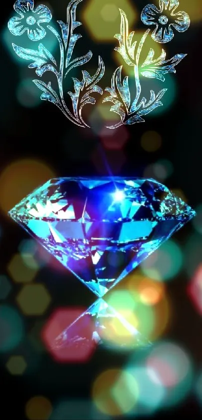 Blue diamond and floral design on black background.