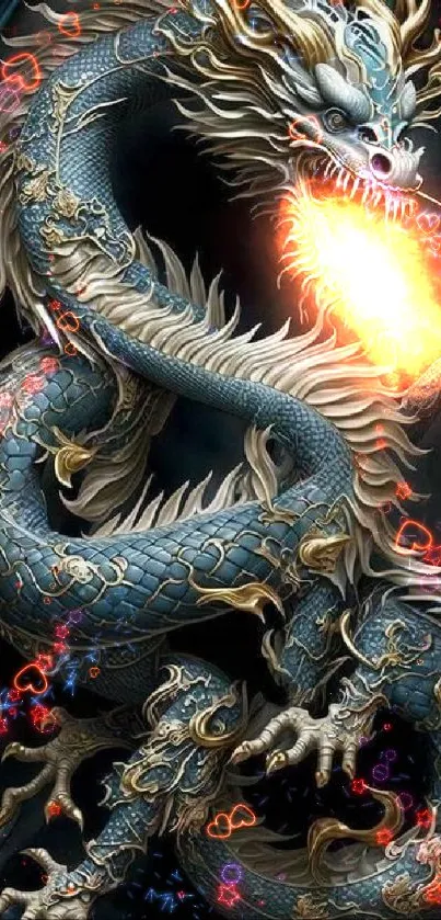 Elegant blue dragon with golden details mobile wallpaper.