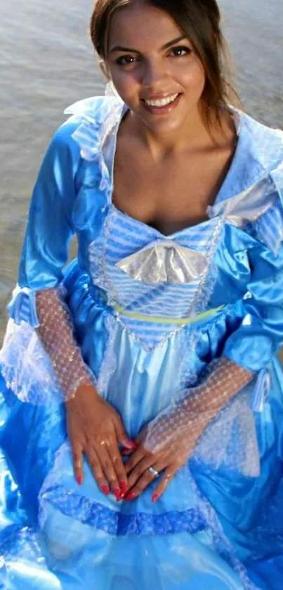 Woman in elegant blue dress standing in water.