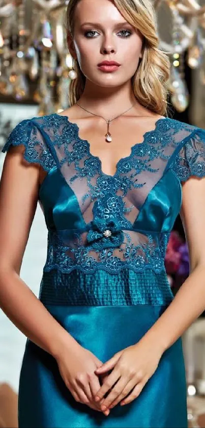 Elegant woman in blue lace dress standing gracefully.