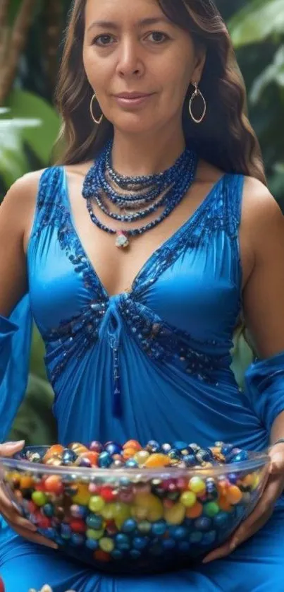 Woman in blue dress with bead necklace sitting outdoors.