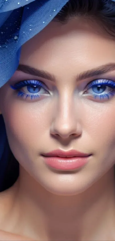 Elegant portrait with striking blue eyes and headscarf, perfect for phone wallpaper.