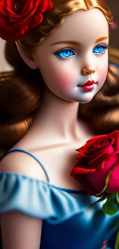 Elegant digital art of a doll with blue eyes and a red rose.