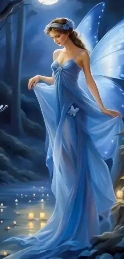 Elegant blue fairy with wings in a serene forest setting, surrounded by candles.