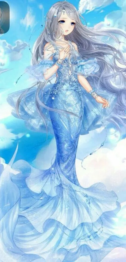 Elegant fantasy art of a woman in a flowing blue gown amidst clouds.