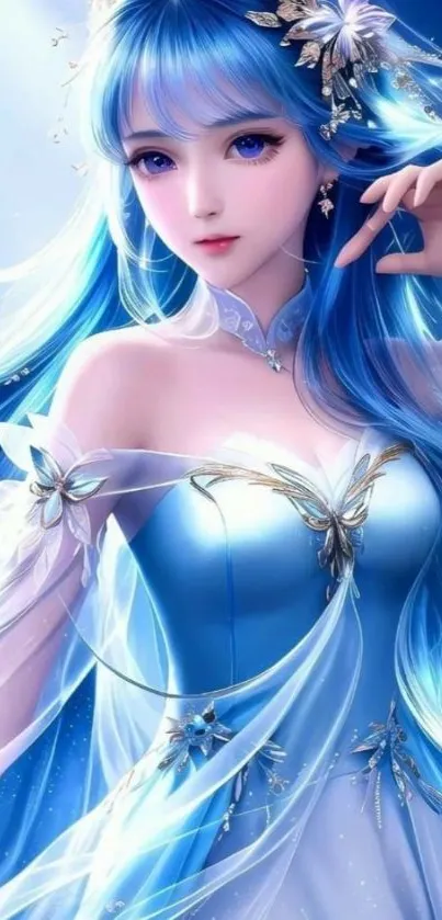 Fantasy woman in an elegant blue gown, ethereal background.