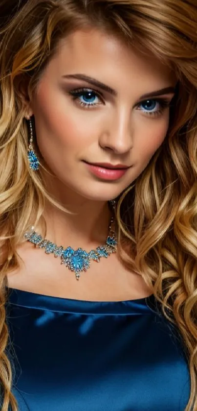 Stylish blonde woman in blue dress with matching jewelry and curly hair.