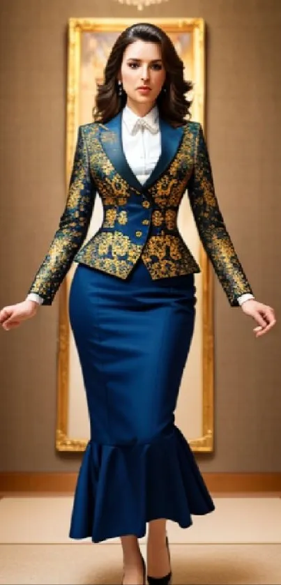 Elegant woman in embroidered blue suit in a sophisticated hallway.