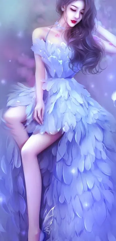 Elegant woman in blue feather dress art wallpaper.