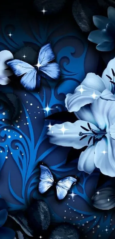 Elegant blue floral wallpaper with butterflies and flowers.