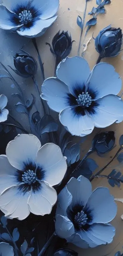 Elegant blue and beige floral art wallpaper with detailed blossoms.