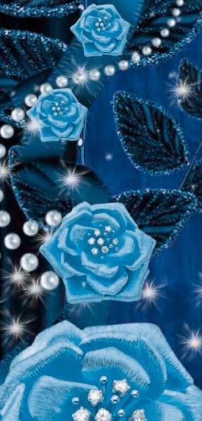 Elegant blue roses with sparkling pearls on a deep blue background.