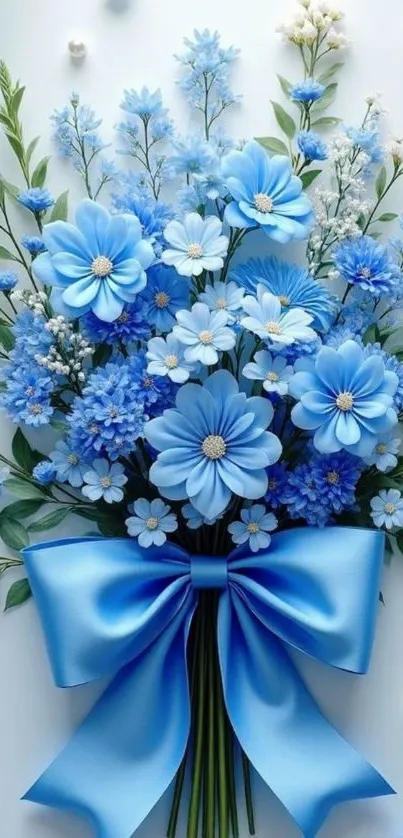 Elegant blue floral bouquet with ribbon on white background.