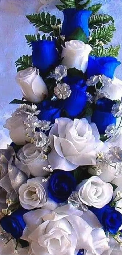 Elegant bouquet of blue and white roses against a soft background.