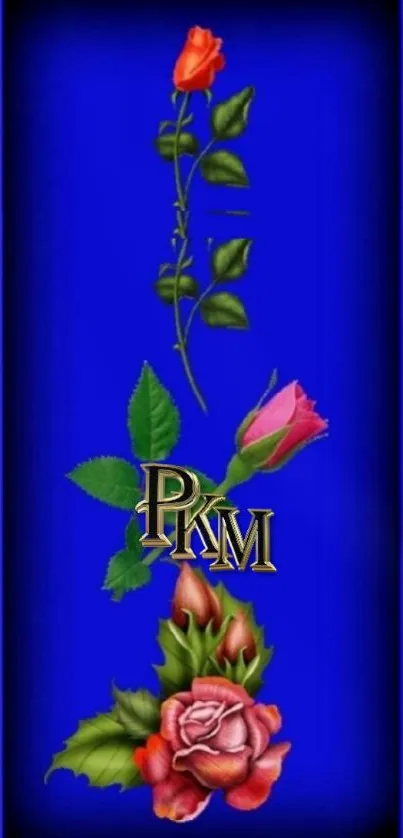 Elegant blue mobile wallpaper with roses and golden letters.