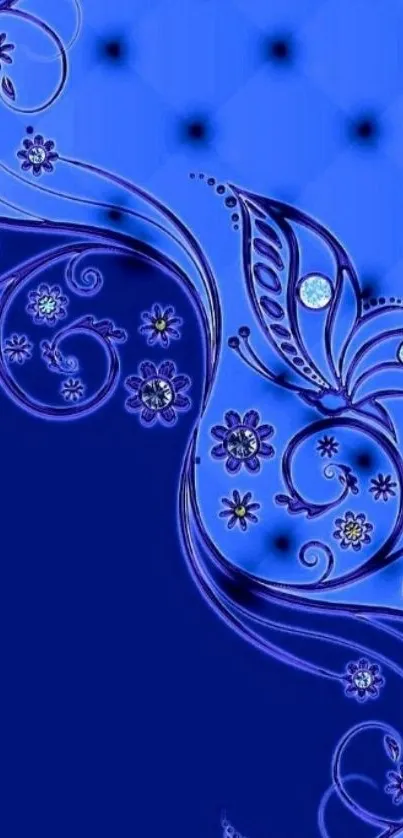 Elegant blue floral design with intricate patterns on a mobile wallpaper.