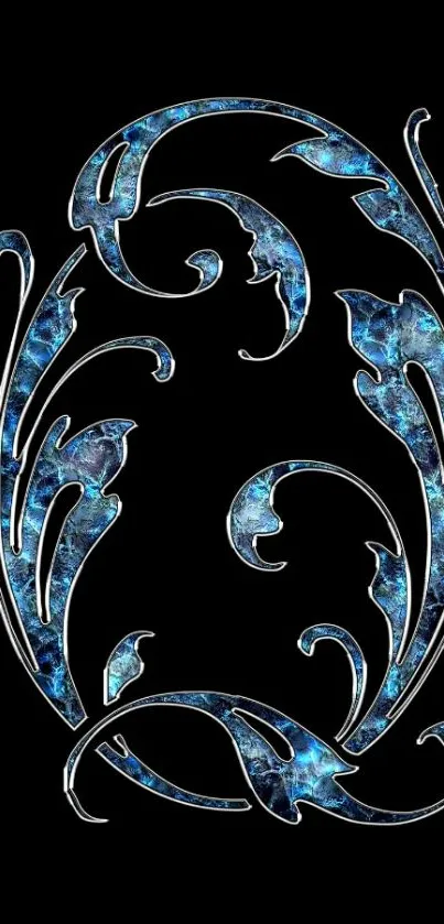 Elegant blue floral design on black background wallpaper.