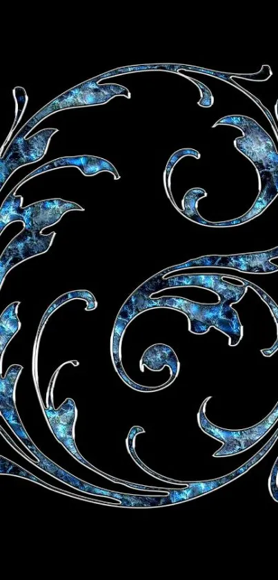 Elegant blue floral wallpaper with intricate patterns on black background.