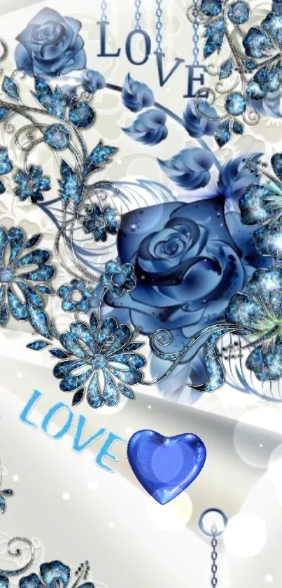 Elegant blue floral mobile wallpaper with 'LOVE' text and intricate flower design.