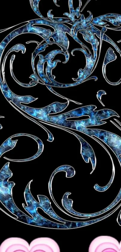 Blue floral design with silver outlines on black background.