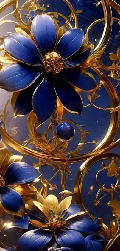 Elegant blue and gold floral mobile wallpaper design.