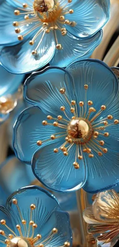 Gold-accented blue flower wallpaper design.