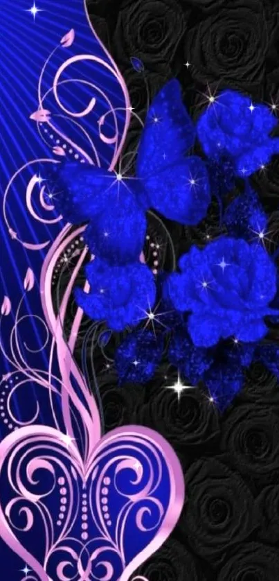 Elegant wallpaper with blue flowers and butterfly, pink swirls.