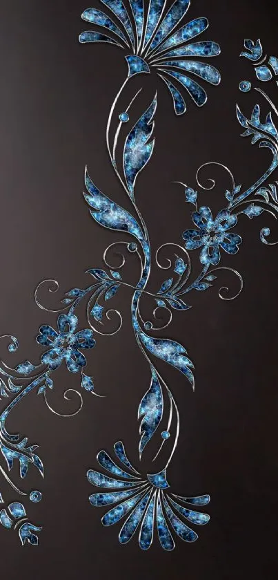 Elegant blue floral design on black background wallpaper.