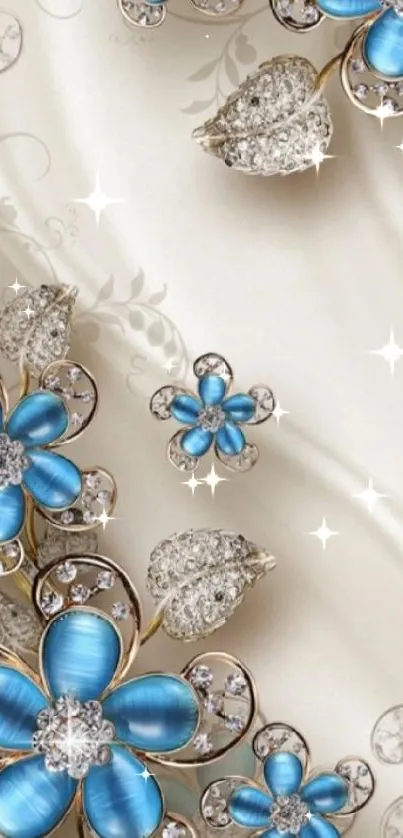 Elegant mobile wallpaper with blue flowers and crystal accents on a cream background.