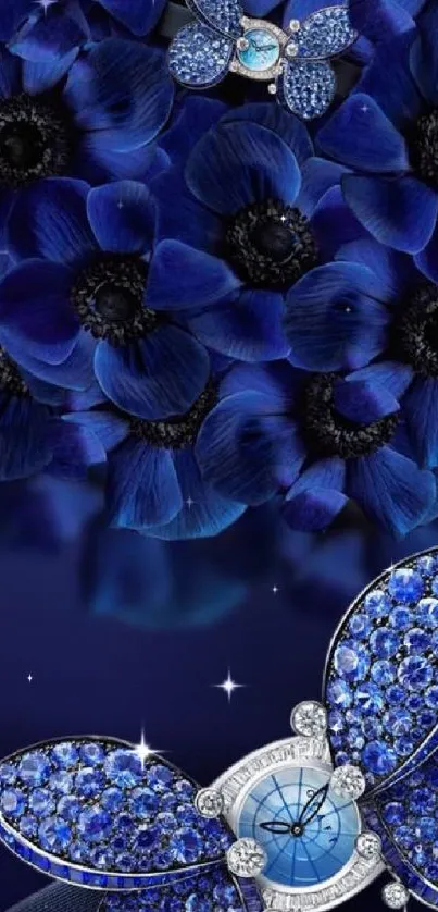 Luxurious blue flower design with intricate jewelry elements for mobile wallpaper.