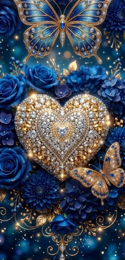 Jeweled heart with blue roses and golden butterflies.