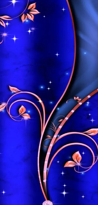 Elegant blue and orange floral design mobile wallpaper.