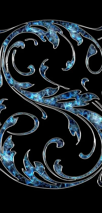 Elegant blue floral monogram on black background.