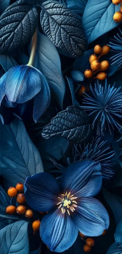 Elegant deep blue floral pattern with orange accents for phone wallpaper.