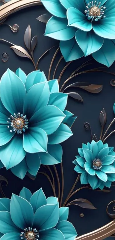 Elegant teal floral wallpaper with gold accents.