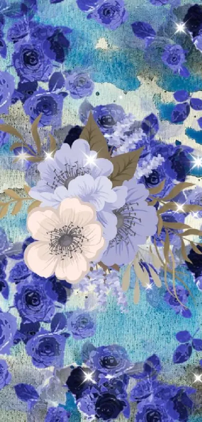 Elegant blue floral wallpaper with artistic design.